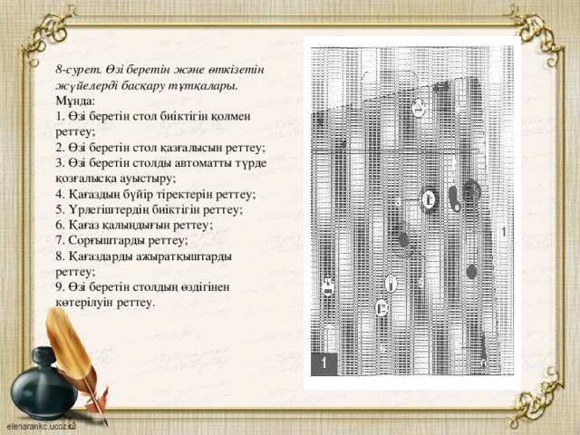 8-сурет. Өзі беретін және өткізетін жүйелерді басқару тұтқалары. Мұнда:  1. Өзі беретін стол биіктігін қолмен реттеу;  2. Өзі беретін стол қазғалысын реттеу;  3. Өзі беретін столды автоматты түрде қозғалысқа ауыстыру;  4. Қағаздың бүйір тіректерін реттеу;  5. Үрлегіштердің биіктігін реттеу;  6. Қағаз қалыңдығын реттеу;  7. Сорғыштарды реттеу;  8. Қағаздарды ажыратқыштарды реттеу;  9. Өзі беретін столдың өздігінен көтерілуін реттеу.