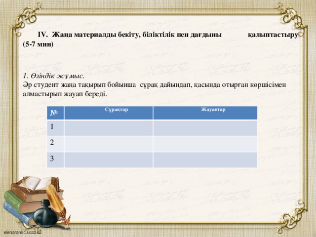 IV. Жаңа материалды бекіту, біліктілік пен дағдыны    қалыптастыру (5-7 мин)      1. Өзіндік жұмыс.  Әр студент жаңа тақырып бойынша сұрақ дайындап, қасында отырған көршісімен алмастырып жауап береді.                № 1 Сұрақтар Жауаптар 2 3