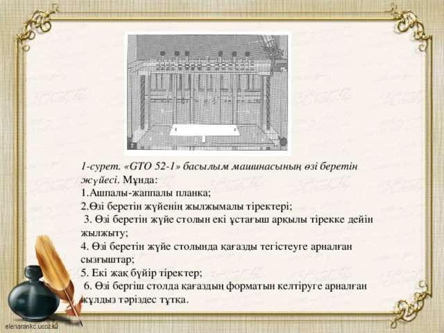 1-сурет. «GTO 52-1» басылым машинасының өзі беретін жүйесі . Мұнда:  1.Ашпалы-жаппалы планка;  2.Өзі беретін жүйенің жылжымалы тіректері;  3. Өзі беретін жүйе столын екі ұстағыш арқылы тірекке дейін жылжыту;  4. Өзі беретін жүйе столында қағазды тегістеуге арналған сызғыштар;  5. Екі жақ бүйір тіректер;  6. Өзі бергіш столда қағаздың форматын келтіруге арналған жұлдыз тәріздес тұтқа.