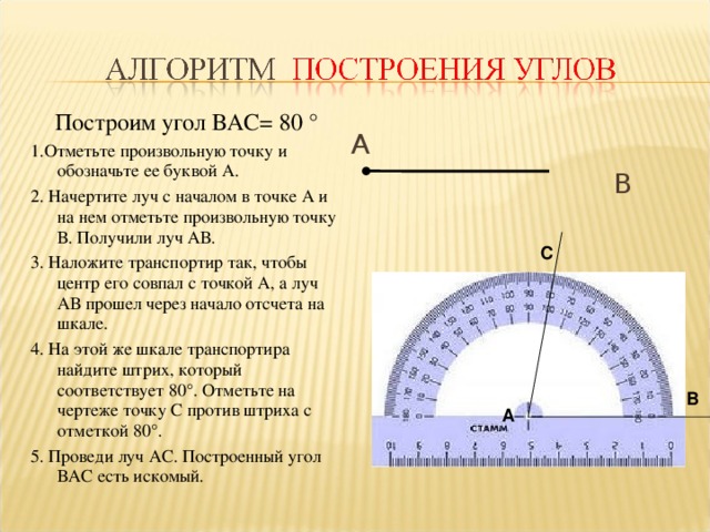 Построим угол ВАС= 80 ° 1.Отметьте произвольную точку и обозначьте ее буквой А. 2. Начертите луч с началом в точке А и на нем отметьте произвольную точку В. Получили луч АВ. 3. Наложите транспортир так, чтобы центр его совпал с точкой А, а луч АВ прошел через начало отсчета на шкале. 4. На этой же шкале транспортира найдите штрих, который соответствует 80°. Отметьте на чертеже точку С против штриха с отметкой 80°. 5. Проведи луч АС. Построенный угол ВАС есть искомый. А  В С В А