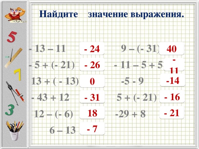 Найдите значение выражения.     - 13 – 11 9 – (- 31)  - 5 + (- 21) - 11 – 5 + 5  13 + ( - 13) -5 - 9  - 43 + 12 5 + (- 21)  12 – (- 6) -29 + 8  6 – 13 - 24 40 - 26 - 11 -14 0 - 16 - 31 - 21 18 - 7