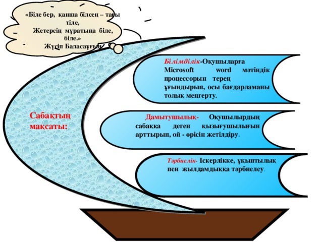 «Біле бер, қанша білсең – тағы тіле, Жетерсің мұратыңа біле, біле.» Жүсіп Баласаұғын   Сабақтың мақсаты: Білімділік -Оқушыларға Microsoft word мәтіндік процессорын  терең ұғындырып, осы бағдарламаны толық меңгерту .   Дамытушылық- Оқушылырдың сабаққа деген қызығушылығын арттырып, ой - өрісін жетілдіру . Тәрбиелік-  Іскерлікке, ұқыптылық пен жылдамдыққа тәрбиелеу .