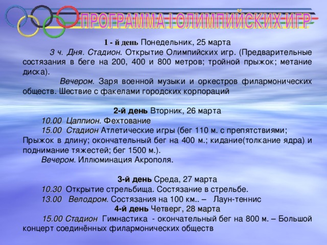 1 - й день Понедельник, 25 марта  3 ч. Дня. Стадион . Открытие Олимпийских игр. (Предварительные состязания в беге на 200, 400 и 800 метров; тройной прыжок; метание диска).  Вечером. Заря военной музыки и оркестров филармонических обществ. Шествие с факелами городских корпораций 2-й день Вторник, 26 марта  10.00 Цаппион. Фехтование  15.00 Стадион Атлетические игры (бег 110 м. с препятствиями; Прыжок в длину; окончательный бег на 400 м.; кидание(толкание ядра) и поднимание тяжестей; бег 1500 м.).  Вечером. Иллюминация Акрополя. 3-й день Среда, 27 марта  10.30 Открытие стрельбища. Состязание в стрельбе.  13.00 Велодром. Состязания на 100 км.. – Лаун-теннис 4-й день Четверг, 28 марта  15.00 Стадион Гимнастика - окончательный бег на 800 м. – Большой концерт соединённых филармонических обществ