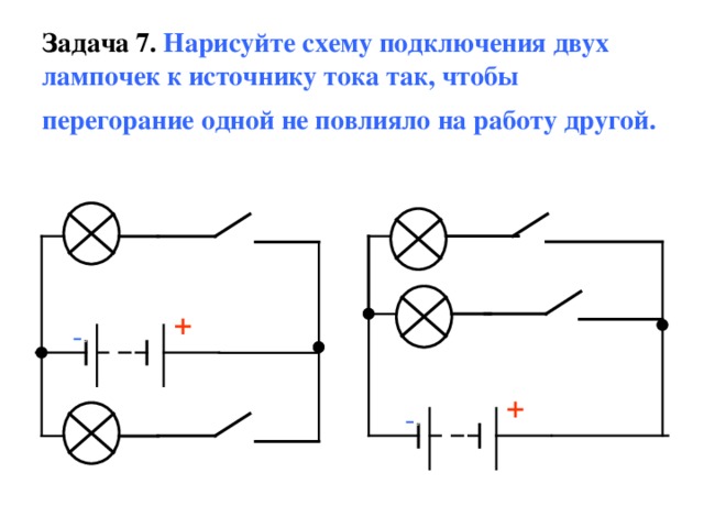 Задача 7.  Нарисуйте схему подключения двух лампочек к источнику тока так, чтобы перегорание одной не повлияло на работу другой.  + - + -