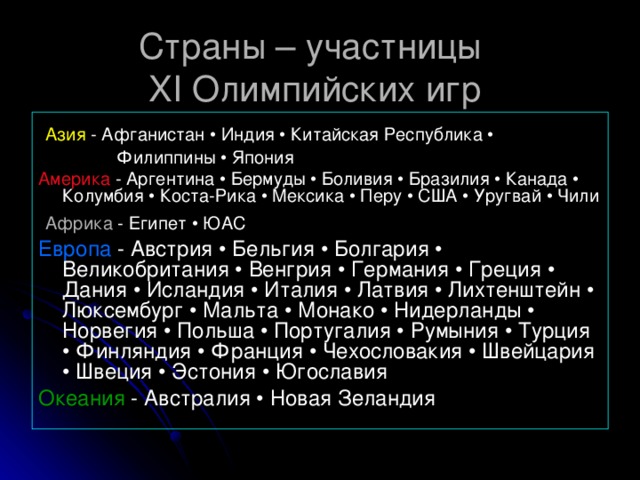 Страны – участницы   XI Олимпийских игр  Азия - Афганистан • Индия • Китайская Республика •  Филиппины • Япония Америка - Аргентина • Бермуды • Боливия • Бразилия • Канада • Колумбия • Коста-Рика • Мексика • Перу • США • Уругвай • Чили  Африка - Египет • ЮАС Европа - Австрия • Бельгия • Болгария • Великобритания • Венгрия • Германия • Греция • Дания • Исландия • Италия • Латвия • Лихтенштейн • Люксембург • Мальта • Монако • Нидерланды • Норвегия • Польша • Португалия • Румыния • Турция • Финляндия • Франция • Чехословакия • Швейцария • Швеция • Эстония • Югославия Океания - Австралия • Новая Зеландия