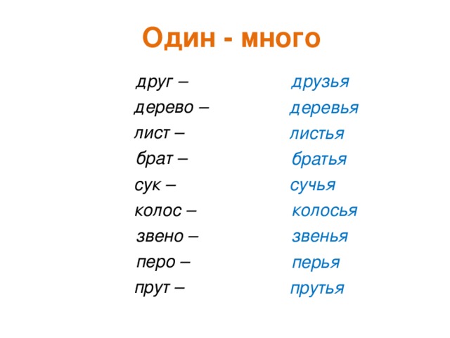 Один - много друг – друзья дерево – деревья лист – листья брат – братья сук – сучья колос  – колосья звено  – звенья перо  – перья прут  – прутья