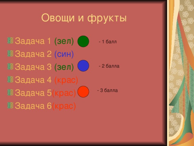 Овощи и фрукты Задача 1  (зел) Задача 2 (син) Задача 3 (зел) Задача 4 (крас) Задача 5 (крас) Задача 6 (крас) - 1 балл - 2 балла - 3 балла
