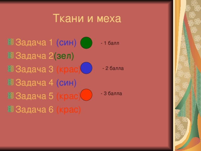 Ткани и меха Задача 1 (син) Задача 2 (зел) Задача 3 (крас) Задача 4 (син) Задача 5 (крас) Задача 6 (крас) - 1 балл - 2 балла - 3 балла