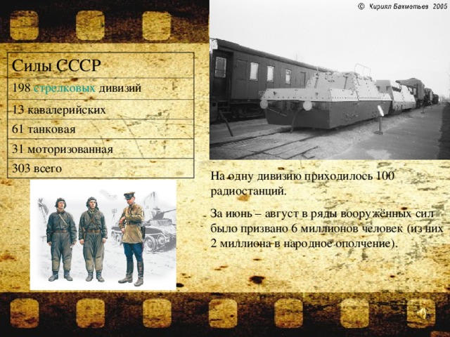 Силы СССР 198 стрелковых дивизий 13 кавалерийских 61 танковая 31 моторизованная 303 всего На одну дивизию приходилось 100 радиостанций. За июнь – август в ряды вооружённых сил было призвано 6 миллионов человек (из них 2 миллиона в народное ополчение ).