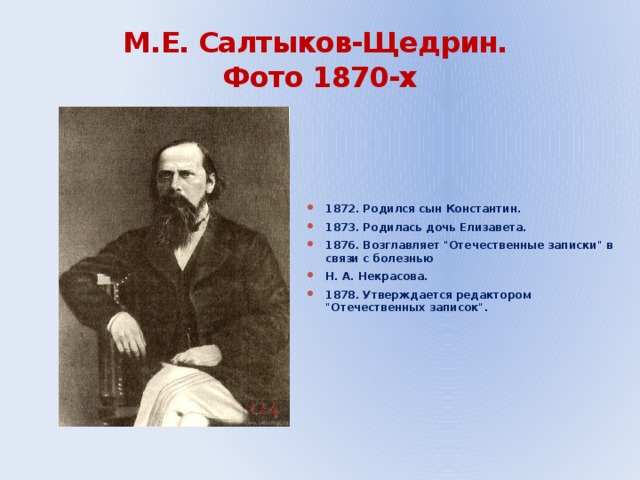 М.Е. Салтыков-Щедрин.  Фото 1870-х 1872. Родился сын Константин. 1873. Родилась дочь Елизавета. 1876. Возглавляет 