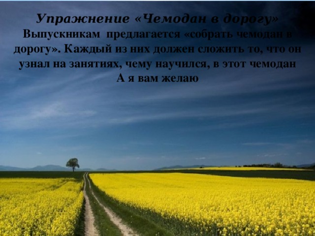 Упражнение «Чемодан в дорогу»  Выпускникам предлагается «собрать чемодан в дорогу». Каждый из них должен сложить то, что он узнал на занятиях, чему научился, в этот чемодан  А я вам желаю