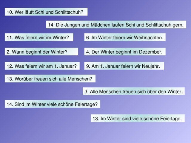 10. Wer läuft Schi und Schlittschuh? 14. Die Jungen und Mädchen laufen Schi und  Schlittschuh gern. 11. Was feiern wir im Winter? 6. Im Winter feiern wir Weihnachten. 2. Wann beginnt der Winter? 4. Der Winter beginnt im Dezember. 12. Was feiern wir am 1. Januar? 9. Am 1. Januar feiern wir Neujahr. 13.  Worüber freuen sich alle Menschen? 3. Alle Menschen freuen sich über den Winter. 14.  Sind im Winter viele schöne Feiertage? 13. Im Winter sind viele schöne Feiertage.