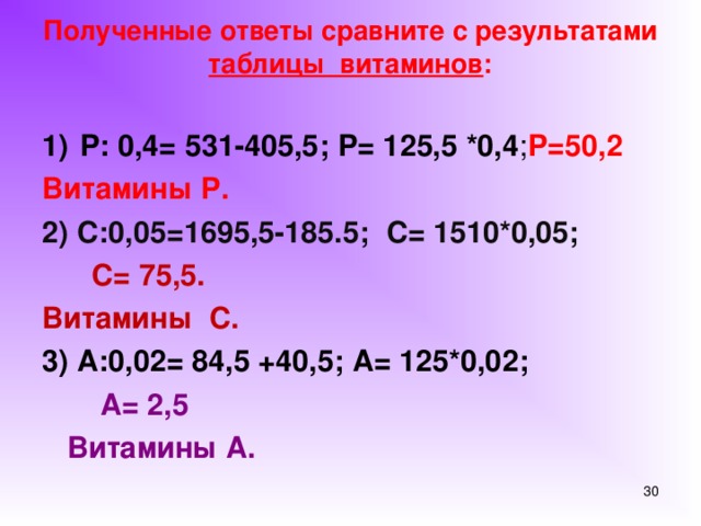 Полученные ответы сравните с результатами таблицы витаминов : Р: 0,4= 531-405,5; Р= 125,5 *0,4 ; Р=50,2 Витамины Р. 2) С:0,05=1695,5-185.5; С= 1510*0,05;  С= 75,5. Витамины С. 3) А:0,02= 84,5 +40,5; А= 125*0,02;  А= 2,5  Витамины А.
