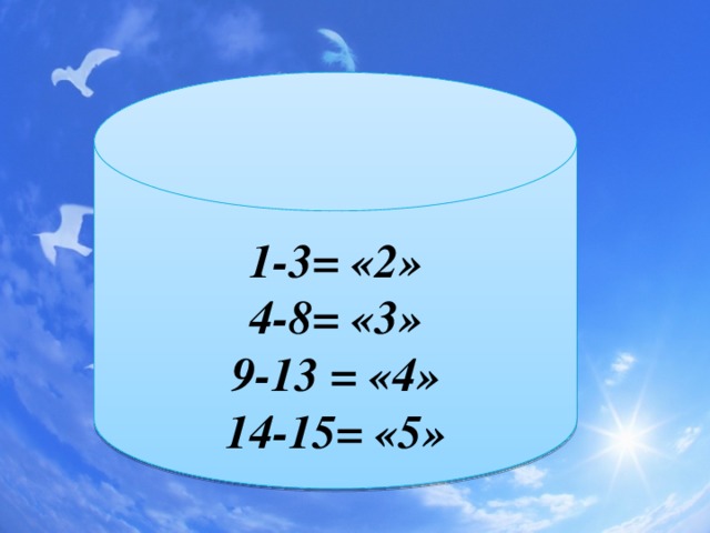 1-3= «2» 4-8= «3» 9-13 = «4» 14-15= «5»