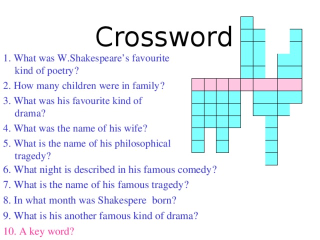 Crossword 1. What was W.Shakespeare’s favourite kind of poetry ? 2. How many children were in family ?  3. What was his favourite kind of drama ? 4. What was the name of his wife ? 5. What is the name of his philosophical tragedy ? 6 . What night is described in his famous comedy ?  7. What is the name of his famous tragedy ? 8. In what month was Shakespere born ? 9. What is his another famous kind of drama ? 10. A key word ?
