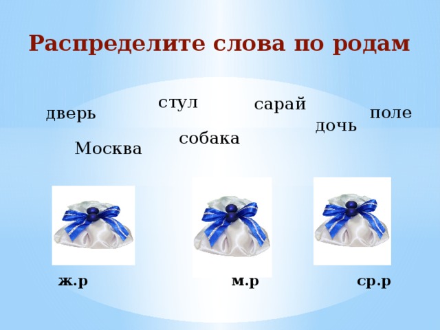 Распределите слова по родам стул сарай поле дверь дочь собака Москва  ж.р м.р ср.р