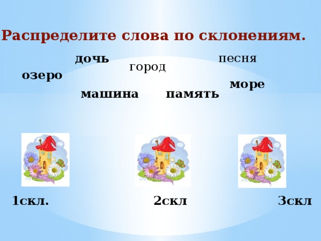 Распределите слова по склонениям. песня дочь город озеро море машина память  1скл. 2скл 3скл