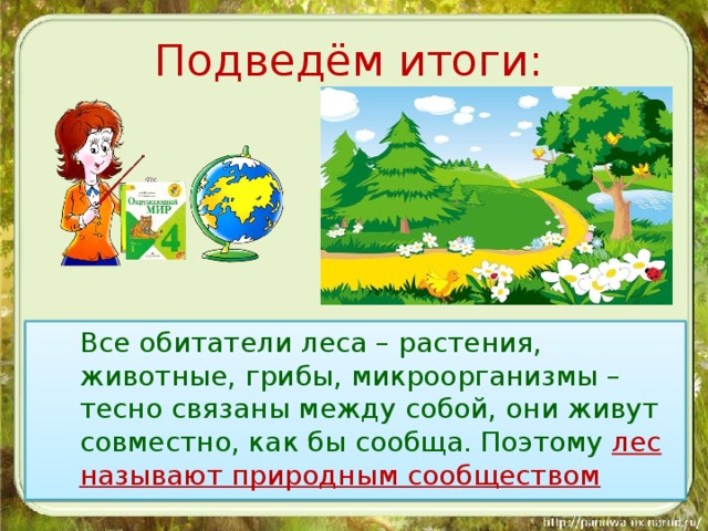 Подведём итоги:  Все обитатели леса – растения, животные, грибы, микроорганизмы – тесно связаны между собой, они живут совместно, как бы сообща. Поэтому лес называют природным сообществом