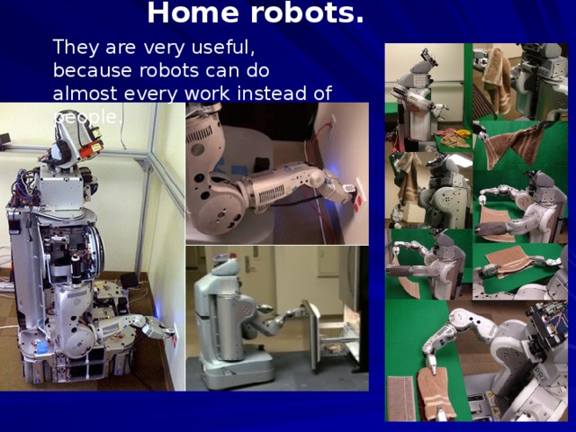 Home robots. They are very useful, because robots can do almost every work instead of people.