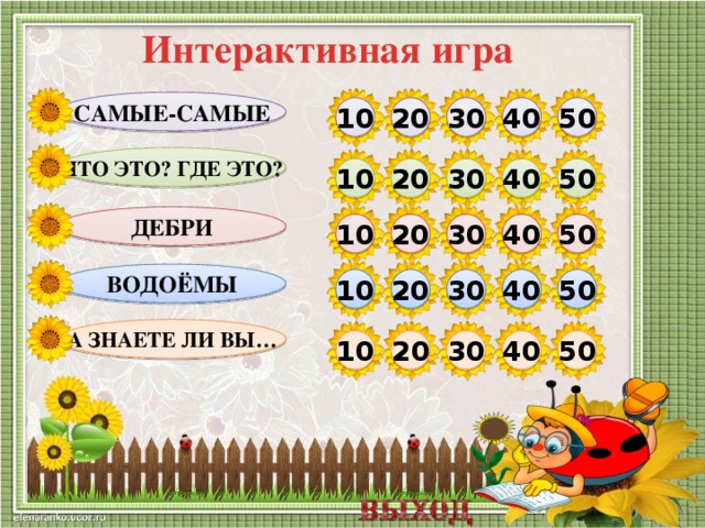 Интерактивная игра САМЫЕ-САМЫЕ 50 40 30 20 10 ЧТО ЭТО? ГДЕ ЭТО? 10 50 40 20 30 ДЕБРИ 20 50 30 40 10 ВОДОЁМЫ 10 20 30 40 50 А ЗНАЕТЕ ЛИ ВЫ… 50 40 30 20 10