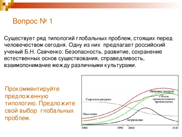 Вопрос № 1   Существует ряд типологий глобальных проблем, стоящих перед человечеством сегодня. Одну из них предлагает российский ученый Б.Н. Савченко: Безопасность, развитие, сохранение естественных основ существования, справедливость, взаимопонимание между различными культурами. Прокомментируйте предложенную типологию. Предложите свой выбор глобальных проблем.