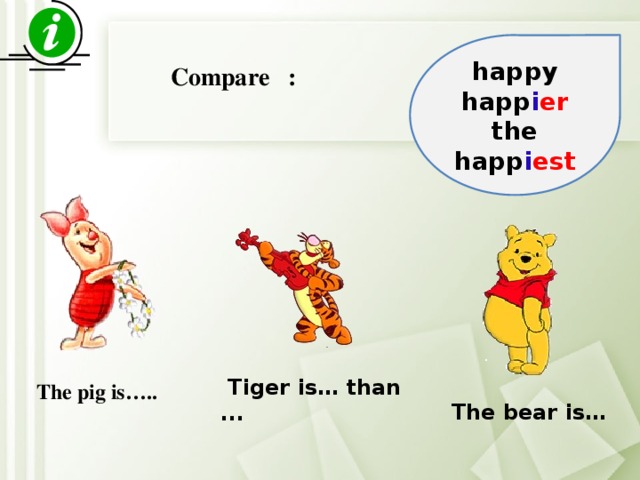 happy happ i er the happ i est  Compare :  Tiger is… than ... The pig is….. The bear is…