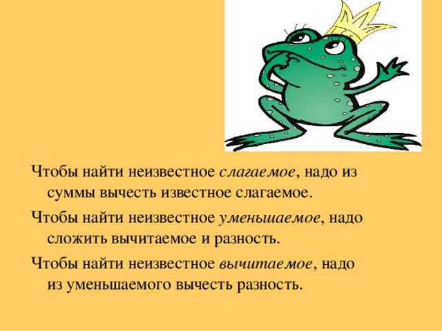 Чтобы найти неизвестное слагаемое , надо из суммы вычесть известное слагаемое. Чтобы найти неизвестное уменьшаемое , надо сложить вычитаемое и разность. Чтобы найти неизвестное вычитаемое , надо из уменьшаемого вычесть разность.