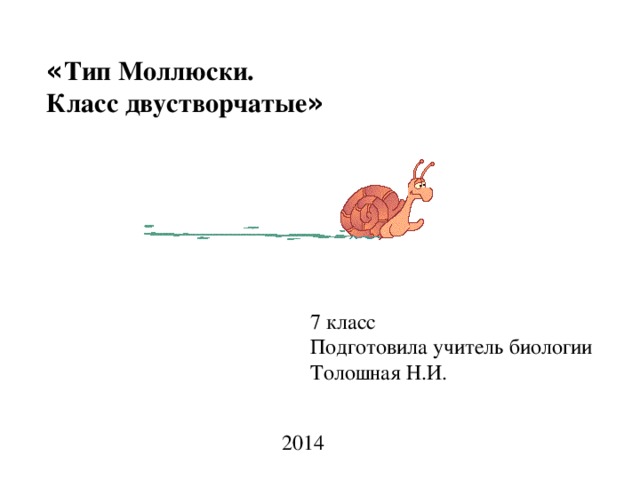 « Тип Моллюски.  Класс двустворчатые »   7 класс Подготовила учитель биологии Толошная Н.И. 2014