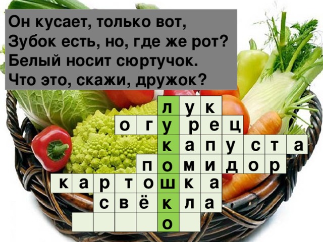 Он кусает, только вот,  Зубок есть, но, где же рот?  Белый носит сюртучок.  Что это, скажи, дружок? у к л                                                                                                                                    о г р е ц у  а п у с т а к  п м и д о р о  к а р т о к а ш  с в ё л а к о