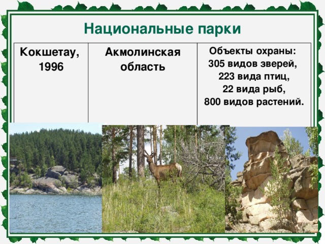 Национальные парки Кокшетау, 1996 Акмолинская область Объекты охраны: 305 видов зверей, 223 вида птиц,  22 вида рыб, 800 видов растений.