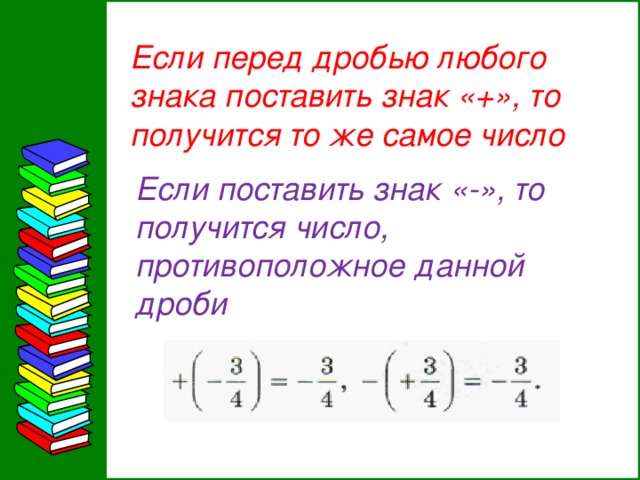 Если перед дробью любого знака поставить знак «+», то получится то же самое число Если поставить знак «-», то получится число, противоположное данной дроби 12