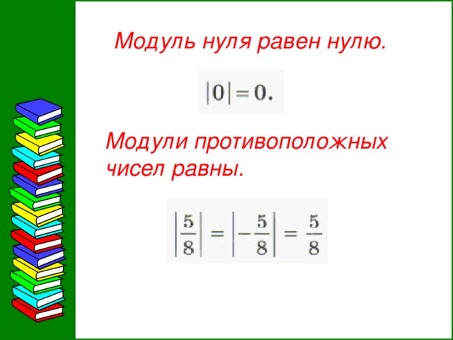 Модуль нуля равен нулю. Модули противоположных чисел равны. 12