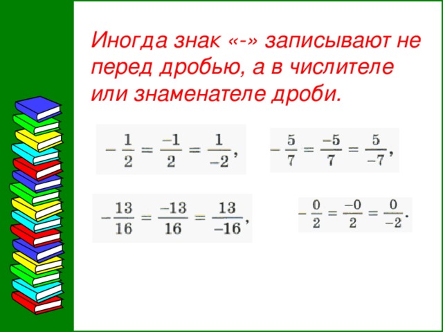 Иногда знак «-» записывают не перед дробью, а в числителе или знаменателе дроби. 12