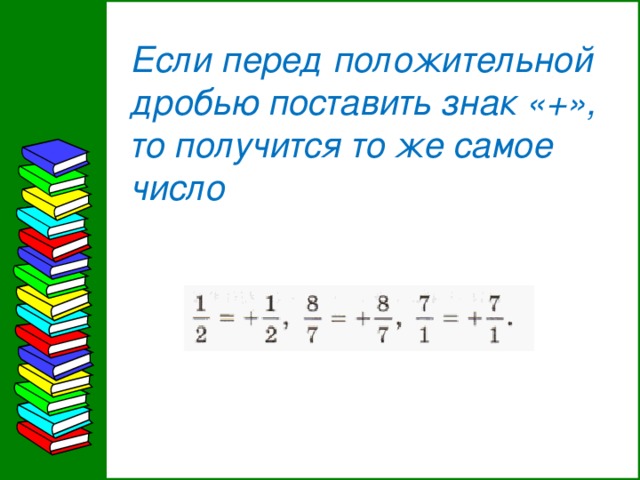 Если перед положительной дробью поставить знак «+», то получится то же самое число