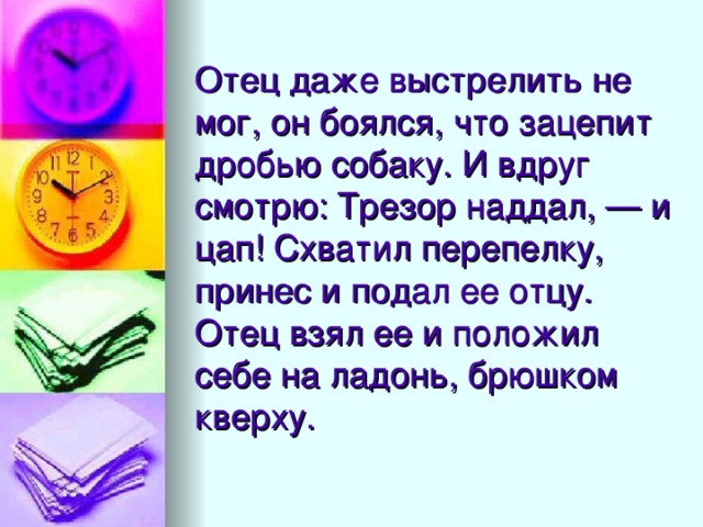 Отец даже выстрелить не мог, он боялся, что зацепит дробью собаку. И вдруг смотрю: Трезор наддал, — и цап! Схватил перепелку, принес и подал ее отцу. Отец взял ее и положил себе на ладонь, брюшком кверху.