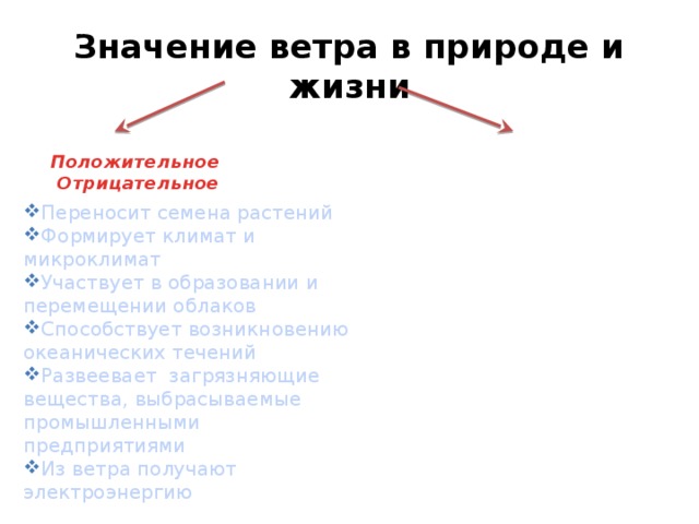 Значение ветра в природе и жизни Положительное Отрицательное  Переносит семена растений Формирует климат и микроклимат Участвует в образовании и перемещении облаков Способствует возникновению океанических течений Развеевает загрязняющие вещества, выбрасываемые промышленными предприятиями