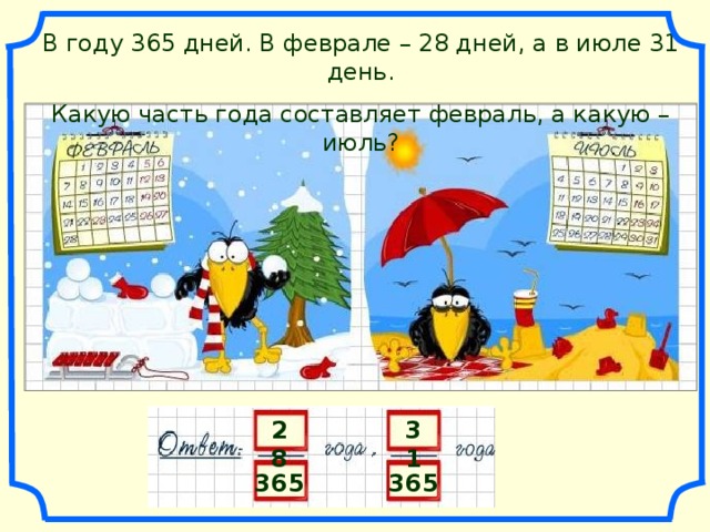 В году 365 дней. В феврале – 28 дней, а в июле 31 день. Какую часть года составляет февраль, а какую – июль? 28 31 365 365