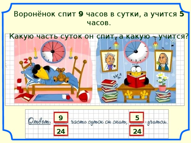 Воронёнок спит 9 часов в сутки, а учится 5 часов. Какую часть суток он спит, а какую – учится? 9 5 24 24