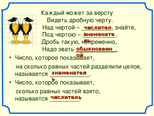 Каждый может за версту  Видеть дробную черту.  Над чертой – _________, знайте,  Под чертою – __________.  Дробь такую, непременно,  Надо звать ____________. Число, которое показывает,  на сколько равных частей разделили целое, называется ____________. Число, которое показывает,  сколько равных частей взято, называется _________.  числитель знаменатель обыкновенной знаменатель числитель