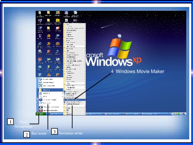 4 Windows Movie Maker Пуск батырмасы 1 3 Бағыңқы меню Бас  меню 2