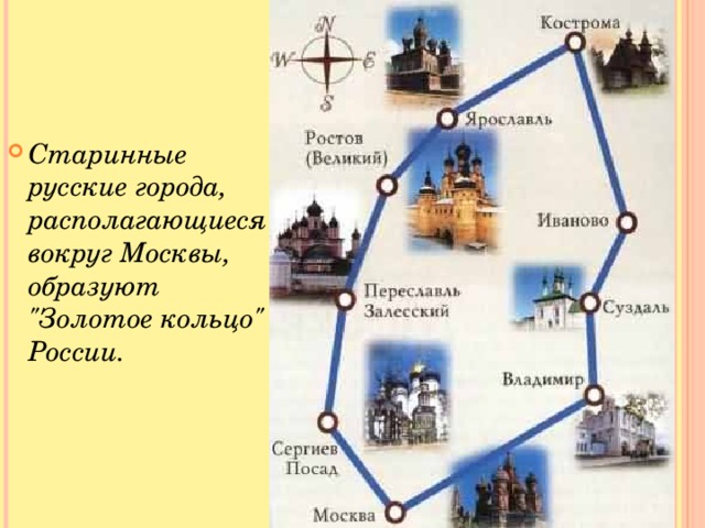 Старинные русские города, располагающиеся вокруг Москвы, образуют 