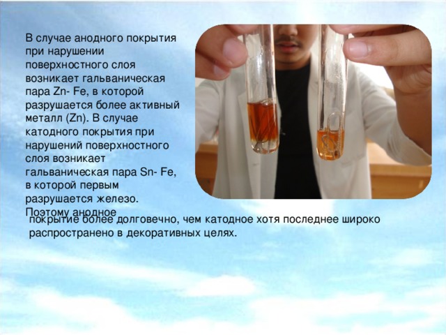 В случае анодного покрытия при нарушении поверхностного слоя возникает гальваническая пара Zn - Fe , в которой разрушается более активный металл ( Zn ). В случае катодного покрытия при нарушений поверхностного слоя возникает гальваническая пара Sn - Fe , в которой первым разрушается железо. Поэтому анодное покрытие более долговечно, чем катодное хотя последнее широко распространено в декоративных целях.