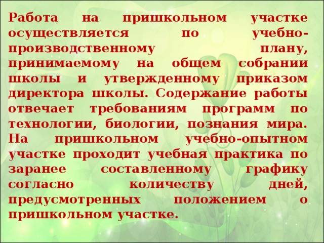 Работа на пришкольном участке осуществляется по учебно-производственному плану, принимаемому на общем собрании школы и утвержденному приказом директора школы. Содержание работы отвечает требованиям программ по технологии, биологии, познания мира. На пришкольном учебно-опытном участке проходит учебная практика по заранее составленному графику согласно количеству дней, предусмотренных положением о пришкольном участке.   