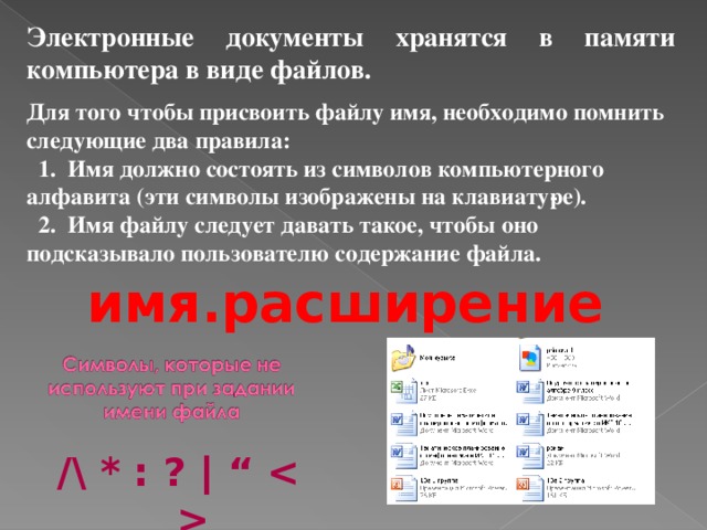 Электронные документы хранятся в памяти компьютера в виде файлов. Для того чтобы присвоить файлу имя, необходимо помнить следующие два правила:  1. Имя должно состоять из символов компьютерного алфавита (эти символы изображены на клавиату­ре).  2. Имя файлу следует давать такое, чтобы оно подсказывало пользователю содержание файла. имя.расширение /\ * : ? |  “