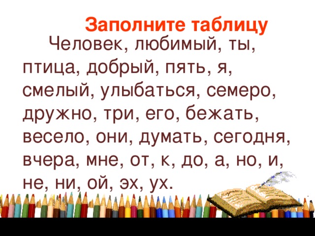 Заполните таблицу   Человек, любимый, ты, птица, добрый, пять, я, смелый, улыбаться, семеро, дружно, три, его, бежать, весело, они, думать, сегодня, вчера, мне, от, к, до, а, но, и, не, ни, ой, эх, ух.