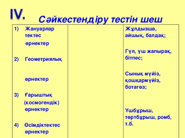 Сәйкестендіру тестін шеш Жануарлар тектес  өрнектер Геометриялық өрнектер  Ғарыштық Жұлдызша, айшық, балдақ; Гүл, үш жапырақ, бітпес; Сынық мүйіз, қошқармүйіз, ботагөз; Үшбұрыш, төртбұрыш, ромб, т.б.  (космогендік) өрнектер 4) Өсімдіктектес өрнектер