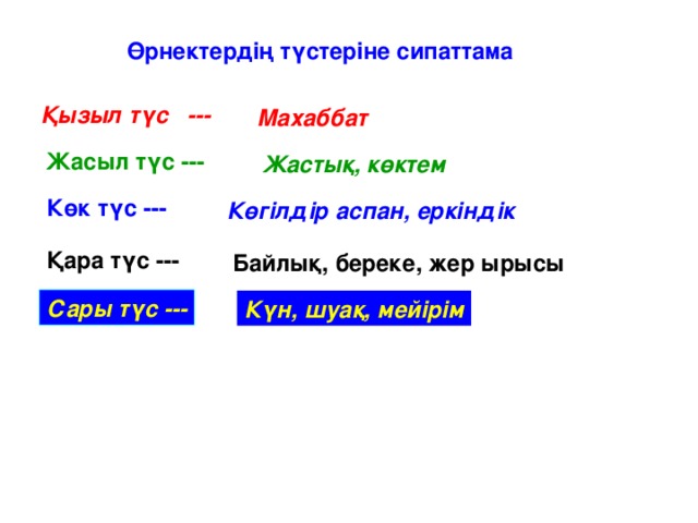 Өрнектердің түстеріне сипаттама Қызыл түс ---  Махаббат  Жасыл түс --- Жастық, көктем Көк түс --- Көгілдір аспан, еркіндік Қара түс --- Байлық, береке, жер ырысы Сары түс --- Күн, шуақ, мейірім