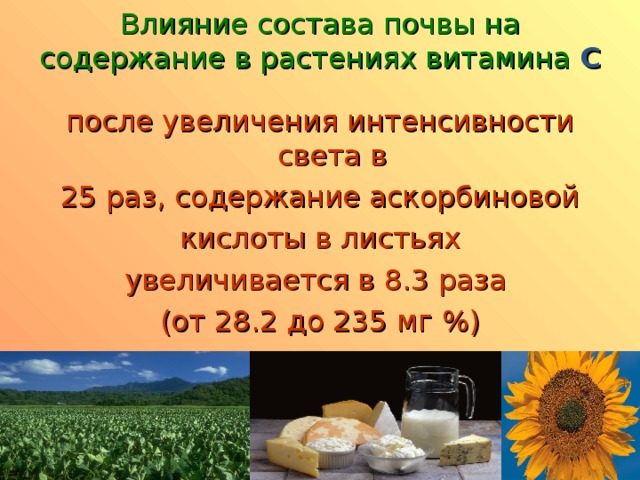 Влияние состава почвы на содержание в растениях витамина С после увеличения интенсивности света в  25 раз, содержание аскорбиновой кислоты в листьях увеличивается в 8.3 раза (от 28.2 до 235 мг %)