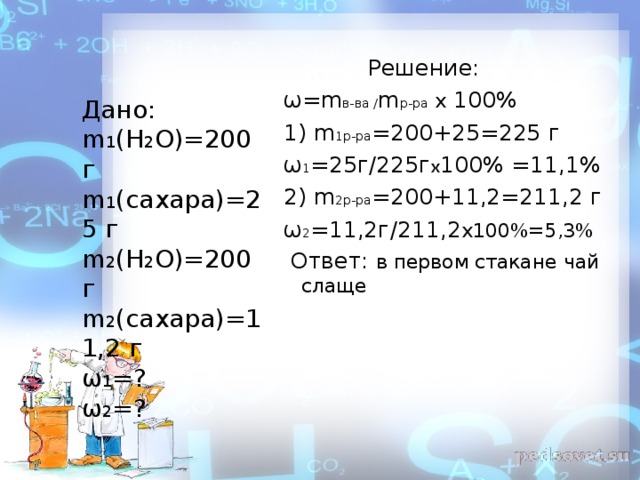 Решение:  ω = m в-ва / m р-ра  х 100%  1) m 1 р-ра =200+25=225  г  ω 1 =25 г / 225г х 100%  =11,1%  2) m 2 р-ра =200+11,2=211,2  г  ω 2 = 11,2г / 211,2 х 100%=5,3%   Ответ: в первом стакане чай слаще  Дано: m 1 (H 2 O)=200 г  m 1 ( сахара)=25 г  m 2 (H 2 O)=200 г  m 2 ( сахара)=11,2 г  ω 1 = ?  ω 2 = ?
