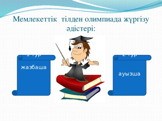 Мемлекеттік тілден олимпиада жүргізу әдістері: 1 тур 2 тур жазбаша ауызша